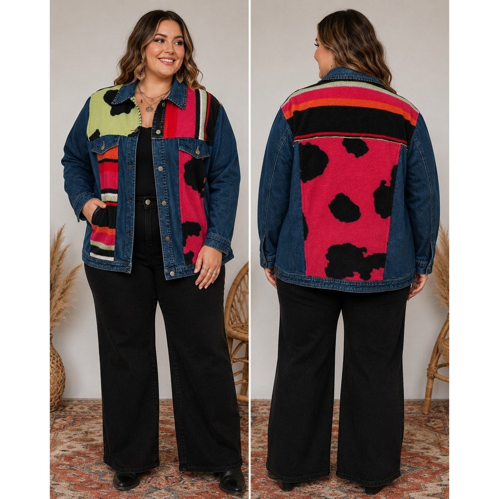 Boho Western Rodeo Y2K Susan Bristol Trucker Denim Fleece Patchwork 2X Jacket
